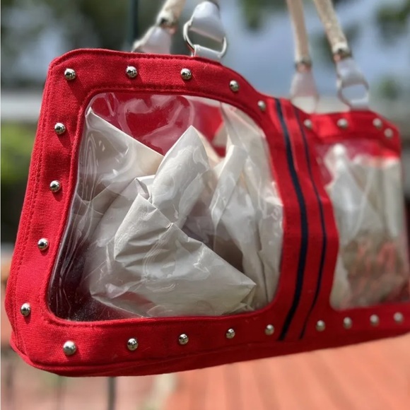 Red White &Blue Nautical Patriotic Vintage Retro Clear Studded Rope Handle Bag - Picture 3 of 9
